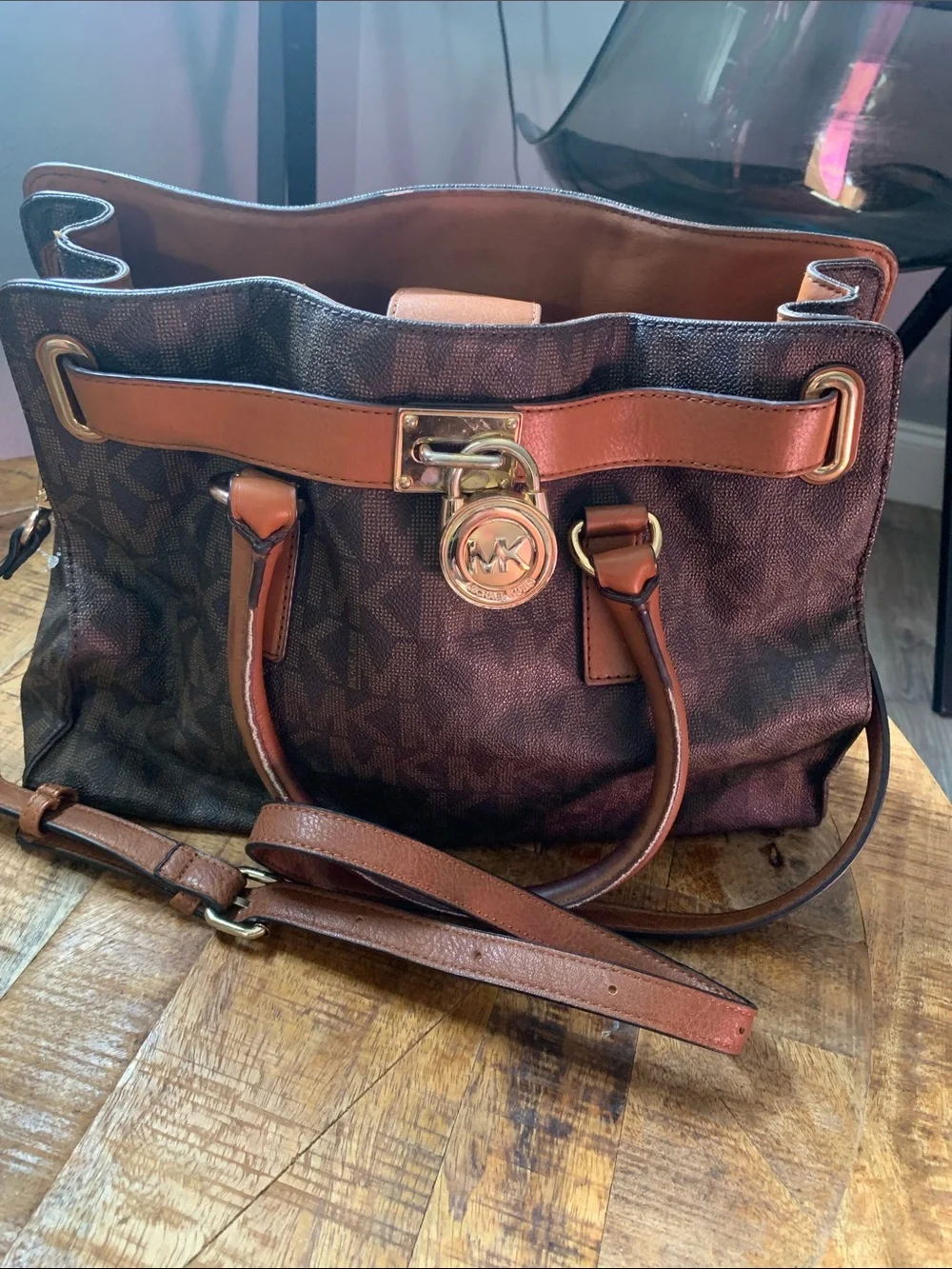 Michael Kors Brown Monogram Satchel with Tan Trim and Gold Hardware